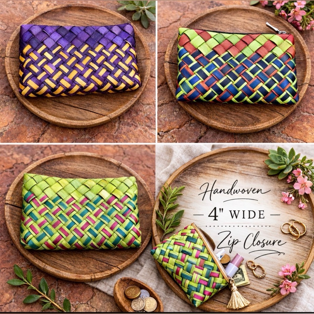 Set of 3 Hand Woven Basket Weave Coin Purse Zip Gift Card Holder